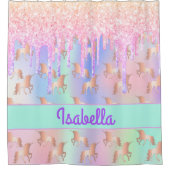 Eenhoorns roze gouden munt groene naam douchegordijn (Voorkant)