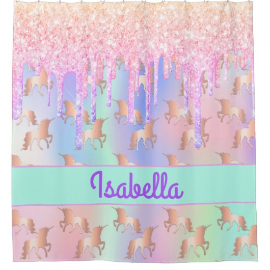 Eenhoorns roze gouden munt groene naam douchegordijn (Voorkant)