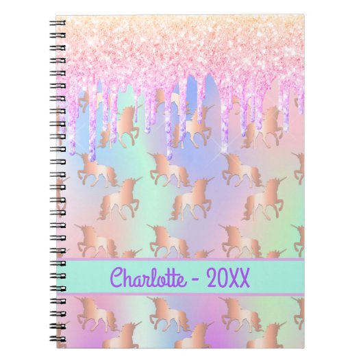 Eenhoorns roze munt druppels naam holografisch mei notitieboek (Voorkant)