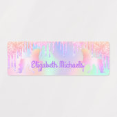 Eenhoorns roze paarse holigrafische druppels labels (Design 1)