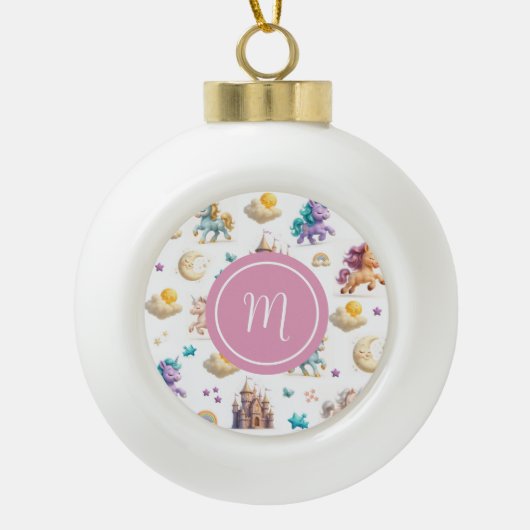 Eenhoorns & Sprookjeskasteel - Whimsical Christmas Keramische Bal Ornament (Voorkant)