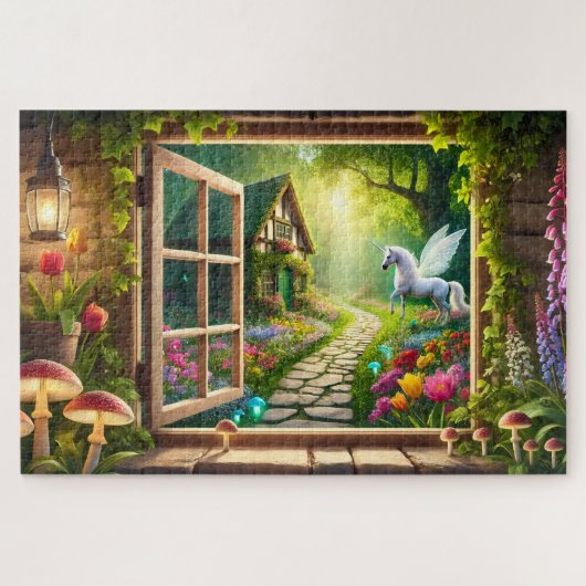 Eenhoorntuin Raam Scene Pegasus Cadeau Legpuzzel (Horizontaal)