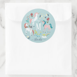 Eenhoring blauwe lief magische meisjes monogram ve ronde sticker