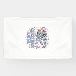 Eenhoring Eerst Vragen Later Schattige Sticker Spandoek