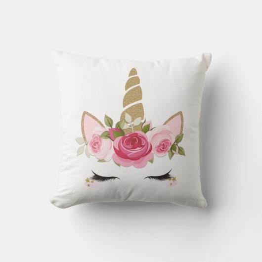 Eenhoring Gouden Bloem Cute Trendy Worp Kussen (Voorkant)