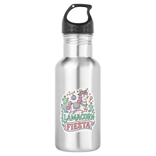 Eenhoring Llamacorn Fiesta Premium Vector POD Kuns Waterfles (Voorkant)