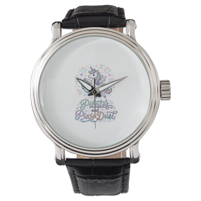 Eenhoring Pilates en Pixie Dust Witte Achtergrond  Horloge (Voorkant)