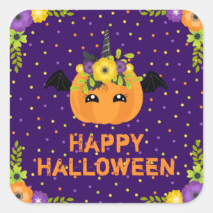 Eenhoring Pompoen Gelukkig Halloween Paarse Vierka Vierkante Sticker
