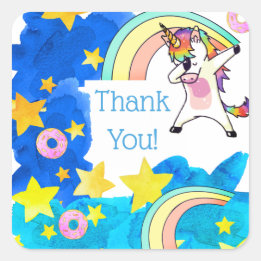Eenhoring Regenboog Donuts in Blauwe Sterrenhemel Vierkante Sticker