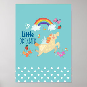 Eenhoring Regenboog Wolken en Bloemen Kleine Drome Poster