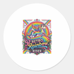 Eenhoring Retro Regenboog Ruiter Ronde Sticker