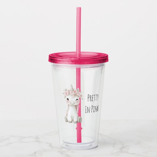 Eenhoring Roze Bloemen Acryl Drinkbeker (Voorkant)