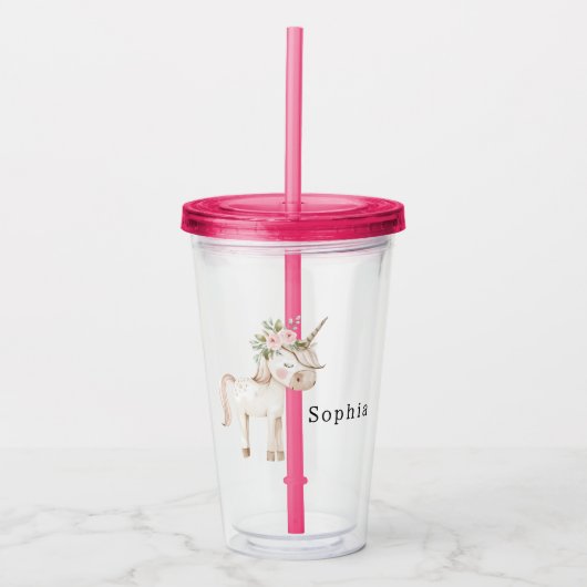 Eenhoring Roze Bloemen Acryl Drinkbeker (Voorkant)