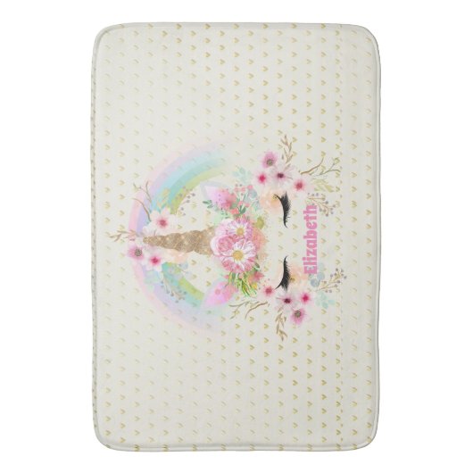 Eenhoring Roze Goud Glitters Uitzicht Naam Meisjes Badmat (Voorkant Verticaal)