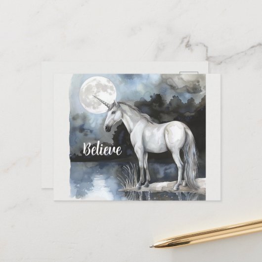 Eenhoring Volle Maan Geloof Briefkaart (Voorkant / Achterkant in situ)