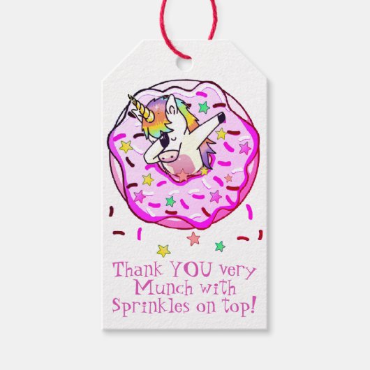 Eenhorn Dab-pose in Roze Glazuur Donut en Strooise Cadeaulabel (Voorkant)