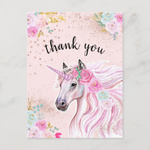 Eenhorn Dank Je Wel Roze Turquoise Bloemen Gouden  Briefkaart
