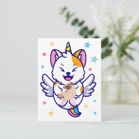 Eenhorn die een hondenpug kawaii anime vasthoudt briefkaart (Staand voorkant)