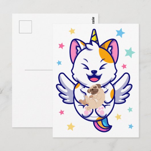 Eenhorn die een hondenpug kawaii anime vasthoudt briefkaart (Voorkant / Achterkant)
