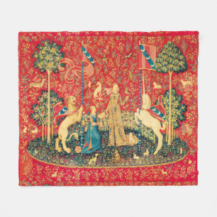 EENHORN EN MIDDELEEUWSE FANTASIEBLOEMEN, FLORALE M FLEECE DEKEN