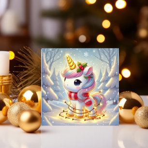 Eenhorn Gewikkeld in Gouden Kerstverlichting Feestdagenkaart