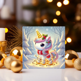 Eenhorn Gewikkeld in Gouden Kerstverlichting Feestdagenkaart