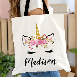 Eenhorn Gezicht Met Wimpers Gepersonaliseerde Naam Tote Bag