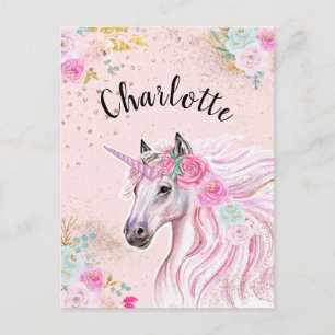 Eenhorn Glam Roze Teal Bloemengold Glitter Naam Briefkaart