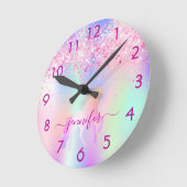 Eenhorn glitters blos roze paars naam ronde klok (Hoek)