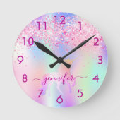 Eenhorn glitters blos roze paars naam ronde klok (Voorkant)