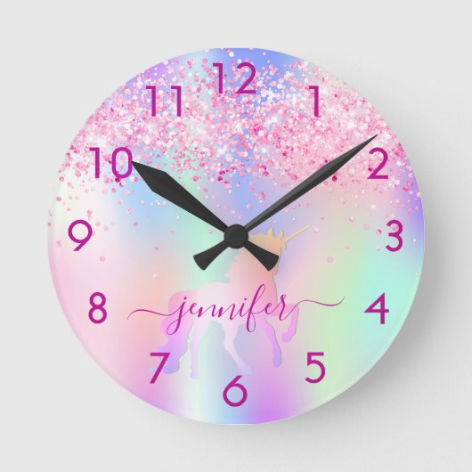 Eenhorn glitters blos roze paars naam ronde klok (Voorkant)