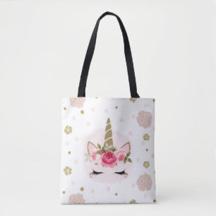 Eenhorn Goud Roze Bloeiende Bloemen Mooie Trendy F Tote Bag