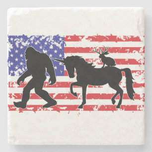 Eenhorn, Jackalope, Bigfoot en de Amerikaanse vlag Stenen Onderzetter