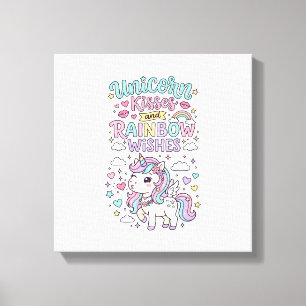 Eenhorn Kusjes en Regenboog Wensen Cute Pastel Dru Canvas Afdruk