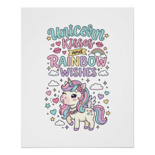 Eenhorn Kusjes en Regenboog Wensen Cute Pastel Dru Perfect Poster