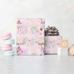 Eenhorn Meisjesachtig Roze Bloemen Gouden Glitters Cadeaupapier