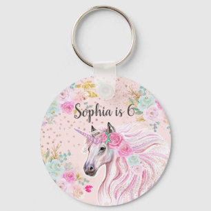 Eenhorn Meisjesachtig Roze Bloemen Gouden Glitters Sleutelhanger