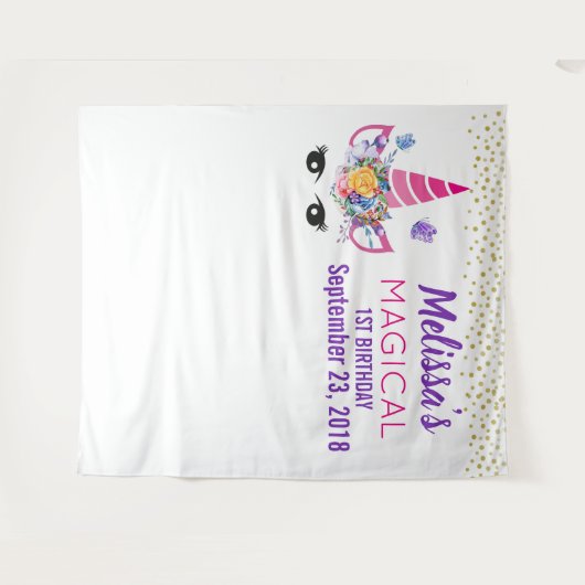Eenhorn met Confetti Verjaardagsfoto Achtergrond Wandkleed (Voorkant (horizontaal))