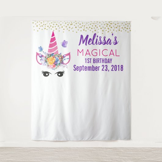 Eenhorn met Confetti Verjaardagsfoto Achtergrond Wandkleed (Voorkant)