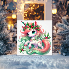 Eenhorn met hulst in rood en groen feestdagenkaart