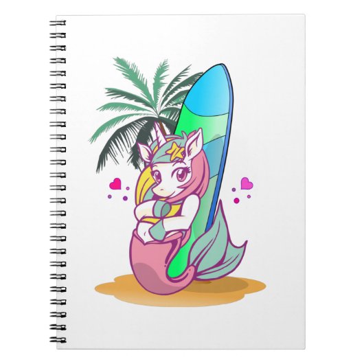 Eenhorn met surfplank op het strand notitieboek (Voorkant)