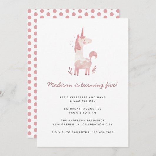 Eenhorn Modern Roze Stippen Kinderverjaardagsfeest Kaart (Voorkant / Achterkant)