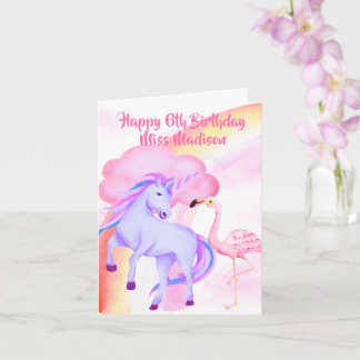 Eenhorn Regenboog Flamingo Meisjes 6e Verjaardag Kaart