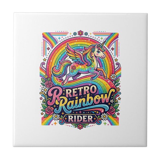 Eenhorn Retro Regenboog Ruiter Tegeltje (Voorkant)