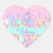 Eenhorn roze glitters iriserende roze gouden verja hart sticker (Voorkant)