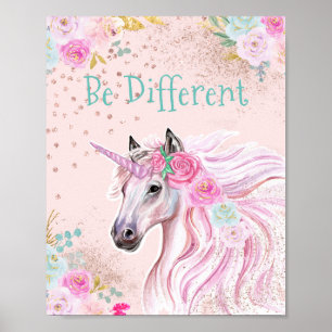Eenhorn Roze Teal Bloemig Goud Glitter Glam Poster