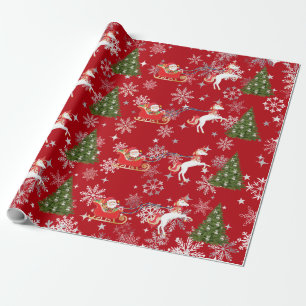 Eenhorn trekt Kerstman slee van Kerstcadeaus Sneeu Cadeaupapier
