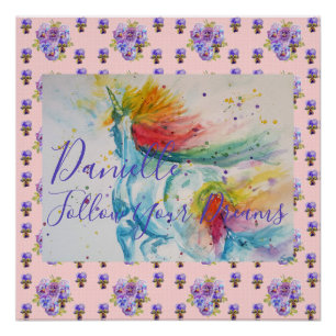 Eenhorn Waterverf Roze Bloemen Meisjesnaam Dekbed Perfect Poster