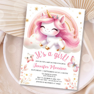 Eenhornige baby shower meisje roze regenboog kaart