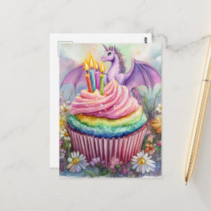 Eenhornige Draak Met Cupcake en Bloemen Briefkaart